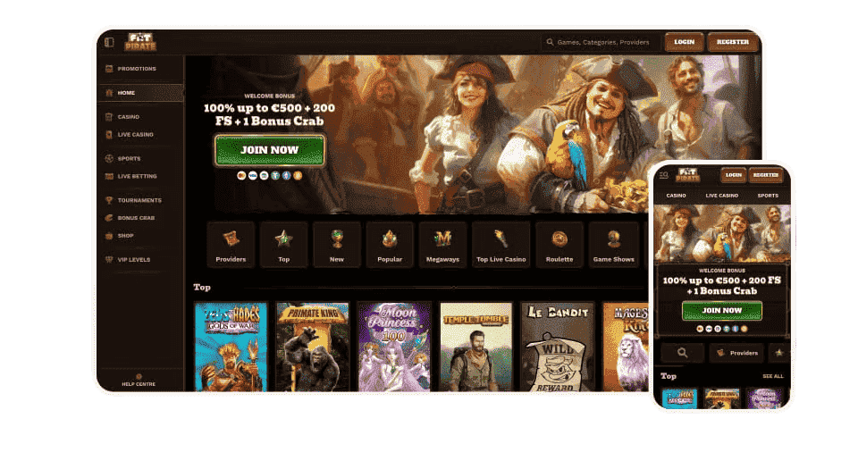 Panoramica della homepage fatpirate casino con slot e menu principali